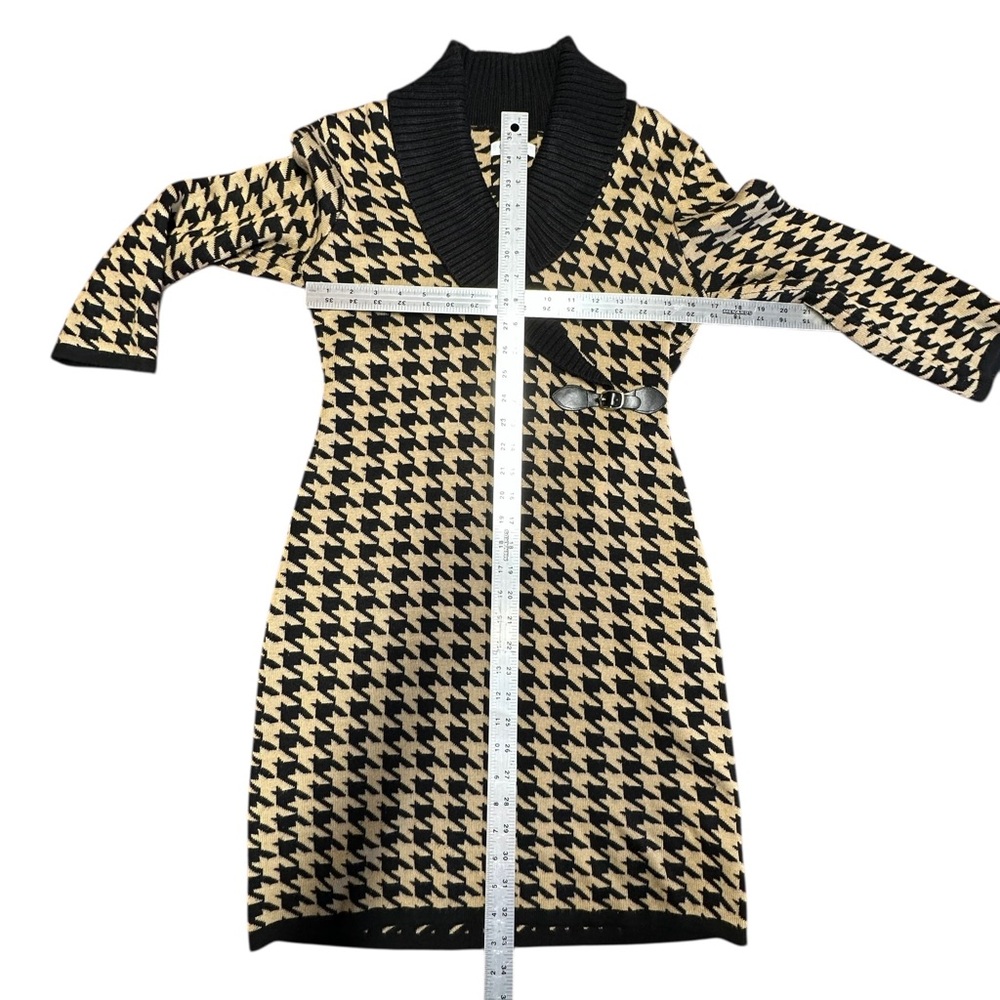 CALVIN KLEIN Black & Tan Houndstooth Sweater Dress Buckle STRETCH Women's Small - Picture 7 of 8